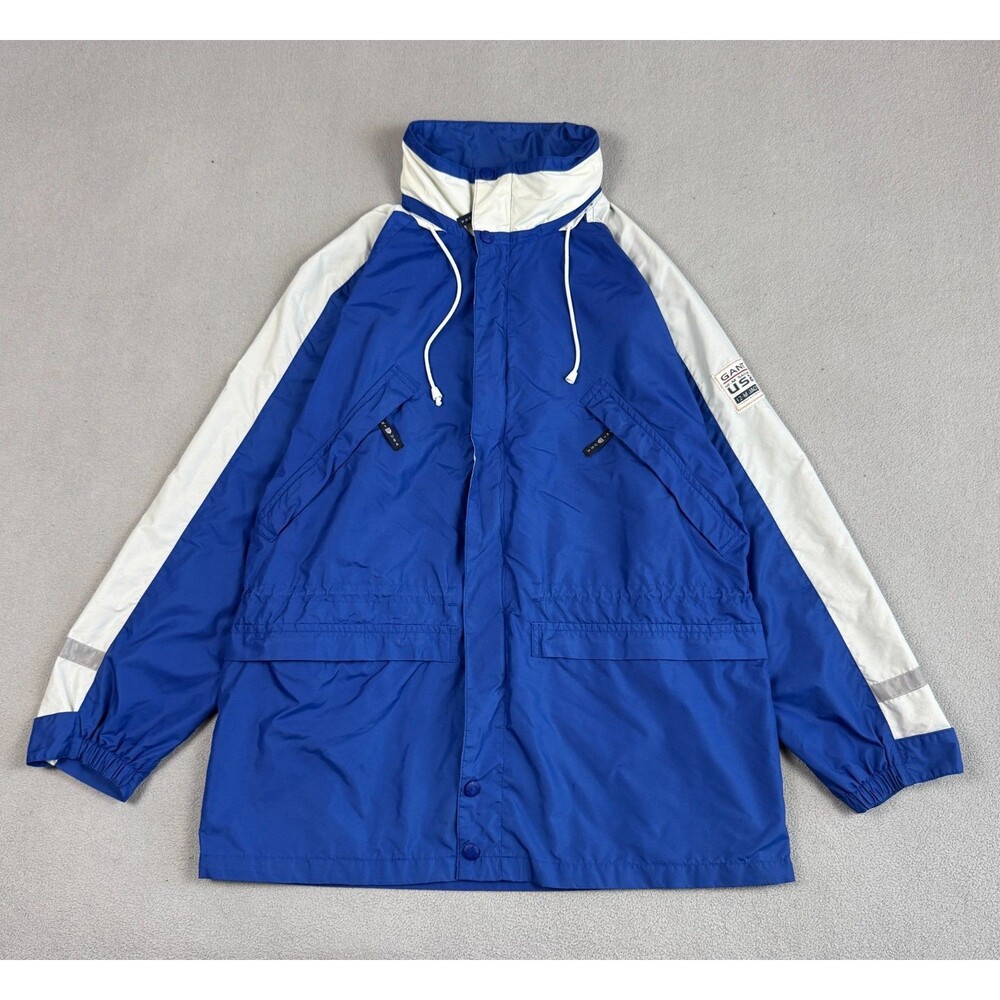 Vintage Gant 12-M Sailing USA Jacket Mens XL Blue White Nautical Hooded 90s